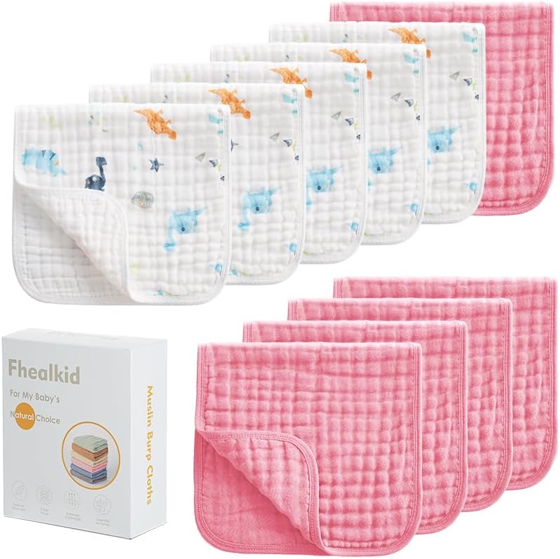 Fhealkid Muslin Burp Cloths Sets Newborn Baby Boy Essentials Must Haves 100% Cotton 10 Pack 22" X 10",6-Layer Baby Bibs & Burp Cloths for Baby Drool and Messes - Soft, Safe & Gentle for Boys & Girls Multi - Image 1